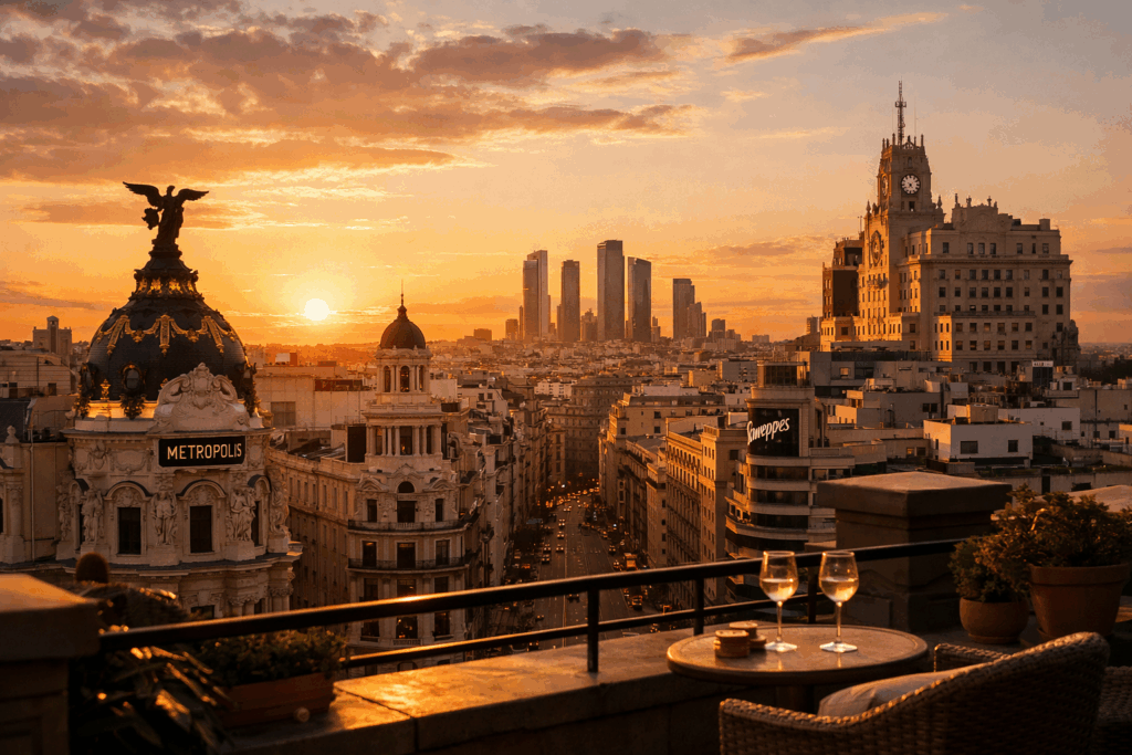 Una vista panorámica de Madrid al atardecer desde una azotea urbana. En primer plano, siluetas de edificios históricos de la Gran Vía; al fondo, el skyline moderno del norte de la ciudad.