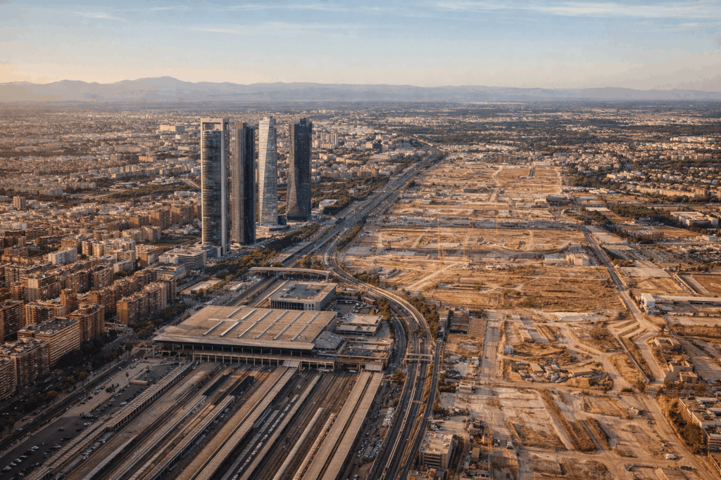 Vista aérea del área de Chamartín y el eje norte de la Castellana, donde se aprecien la estación, las Cuatro Torres y los terrenos de desarrollo del proyecto Madrid Nuevo Norte.