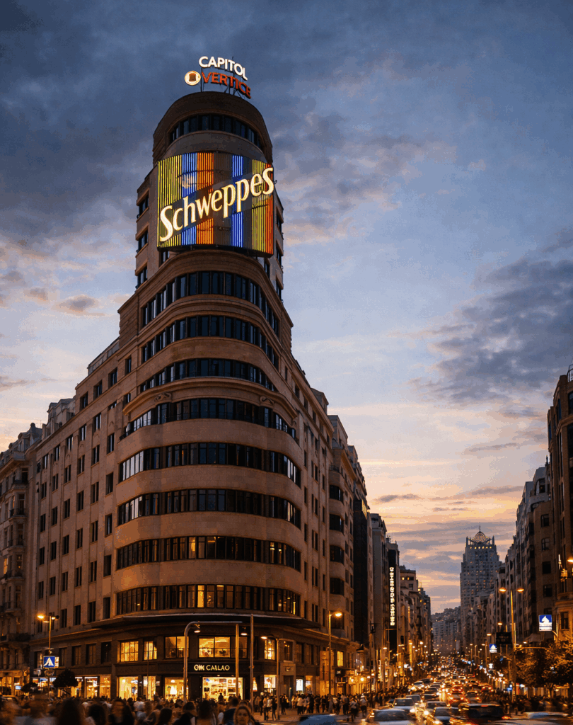 Fotografía del Edificio Carrión desde la plaza de Callao, en perspectiva ligeramente ascendente. El cartel de Schweppes iluminado domina la parte superior del edificio, mientras la Gran Vía se abre hacia el horizonte con tráfico y peatones.