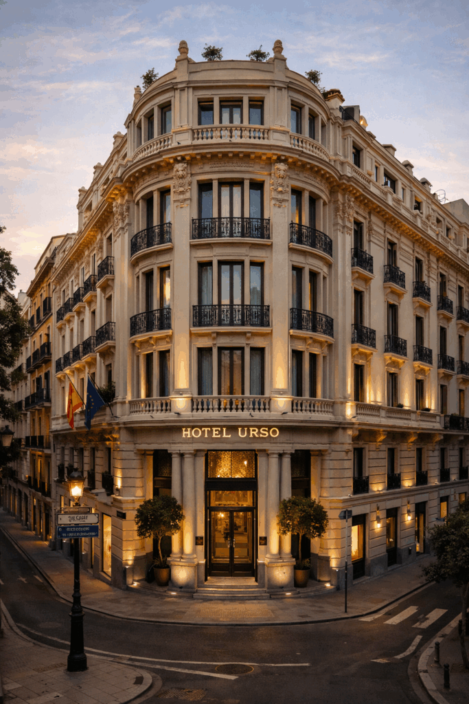 Fotografía elegante de la fachada del Hotel Urso en la calle Mejía Lequerica, mostrando su arquitectura clásica de principios del siglo XX.