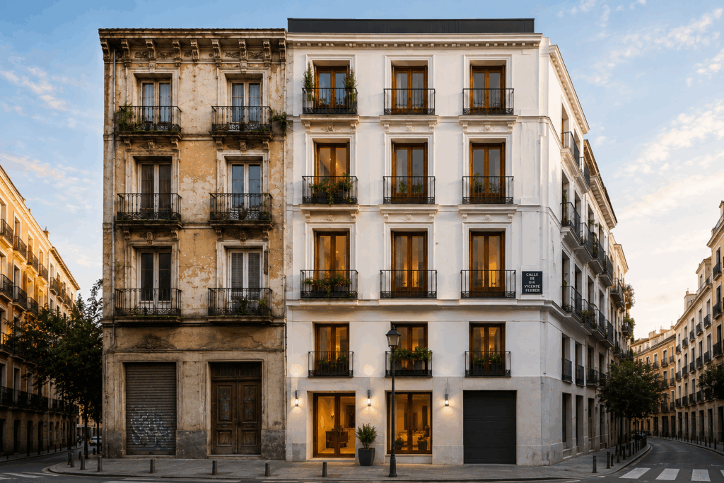 Vista frontal de dos fachadas en la calle Vicente Ferrer. La fachada de la izquierda corresponde a un edificio antiguo y la de la derecha a un edificio rehabilitado. (IA)