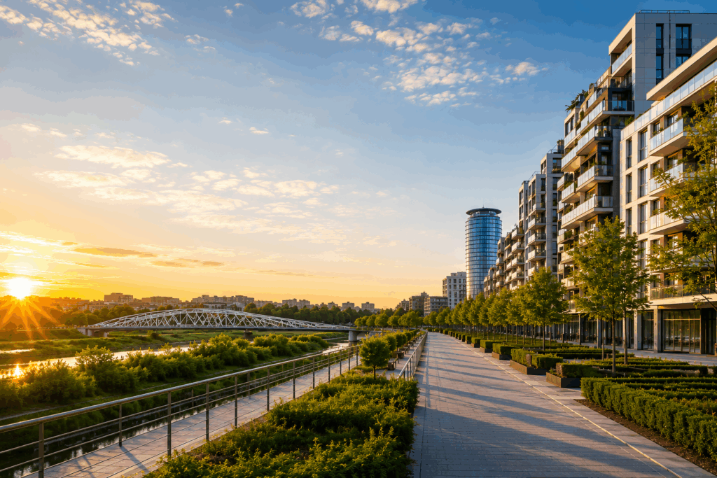Promoción residencial de la zona Mahou-Calderón en Madrid junto a Madrid Río, con edificios modernos, paseo peatonal, zonas verdes y vistas al río Manzanares durante la puesta de sol (IA)
