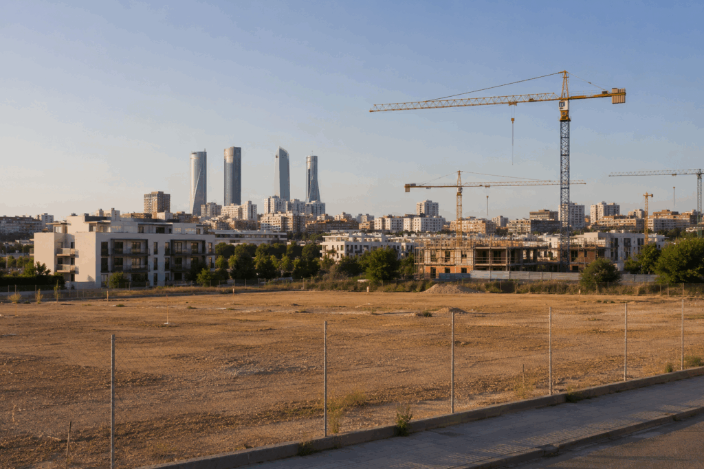 Parcela urbana vallada en primer plano, con grúas de construcción, edificios residenciales y rascacielos al fondo, representando la escasez de suelo disponible para nuevos desarrollos inmobiliarios en Madrid.