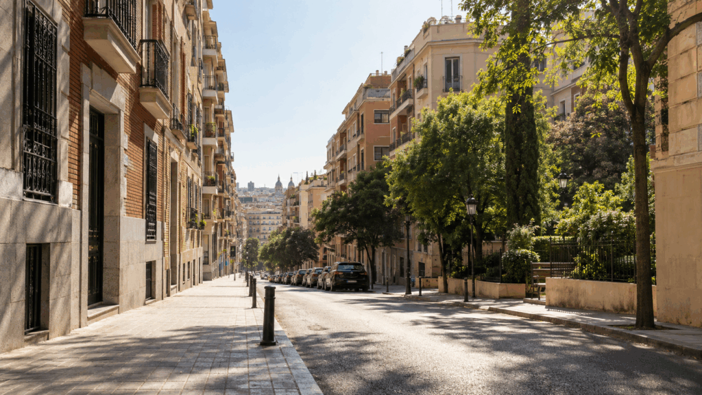 Calle urbana soleada con edificios residenciales, fachadas de ladrillo y piedra, árboles que proyectan sombra sobre la acera y vegetación abundante. (IA)