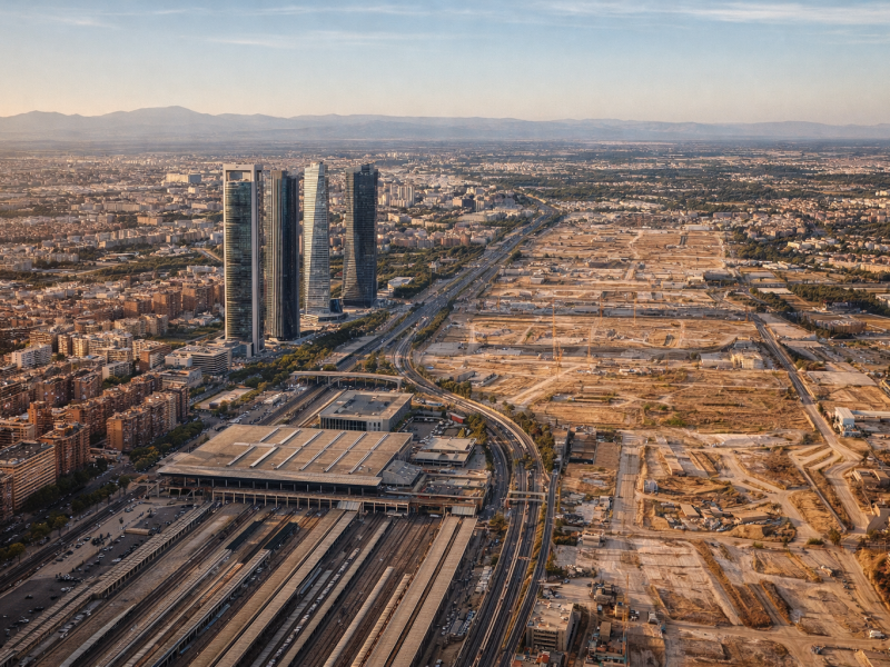 Vista aérea del área de Chamartín y el eje norte de la Castellana, donde se aprecien la estación, las Cuatro Torres y los terrenos de desarrollo del proyecto Madrid Nuevo Norte.