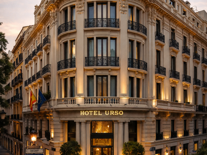 Fotografía elegante de la fachada del Hotel Urso en la calle Mejía Lequerica, mostrando su arquitectura clásica de principios del siglo XX.