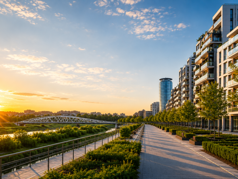 Promoción residencial de la zona Mahou-Calderón en Madrid junto a Madrid Río, con edificios modernos, paseo peatonal, zonas verdes y vistas al río Manzanares durante la puesta de sol (IA)