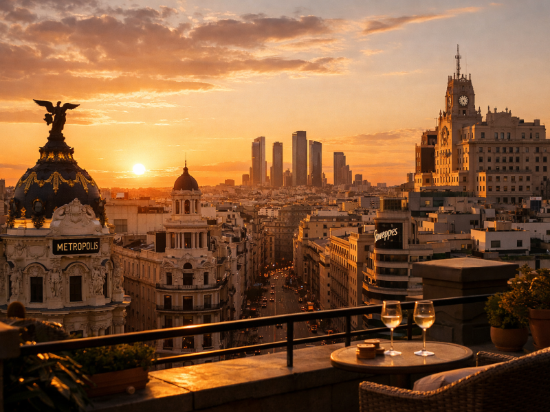 Una vista panorámica de Madrid al atardecer desde una azotea urbana. En primer plano, siluetas de edificios históricos de la Gran Vía; al fondo, el skyline moderno del norte de la ciudad.