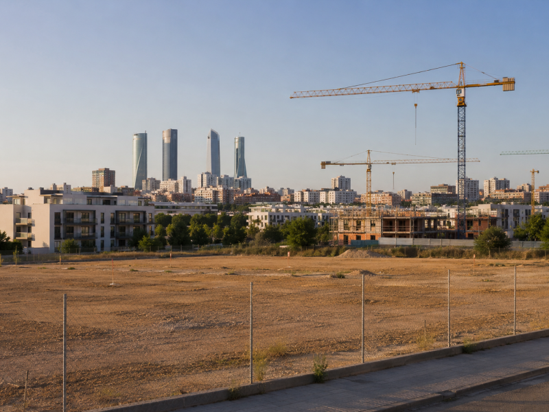 Parcela urbana vallada en primer plano, con grúas de construcción, edificios residenciales y rascacielos al fondo, representando la escasez de suelo disponible para nuevos desarrollos inmobiliarios en Madrid.