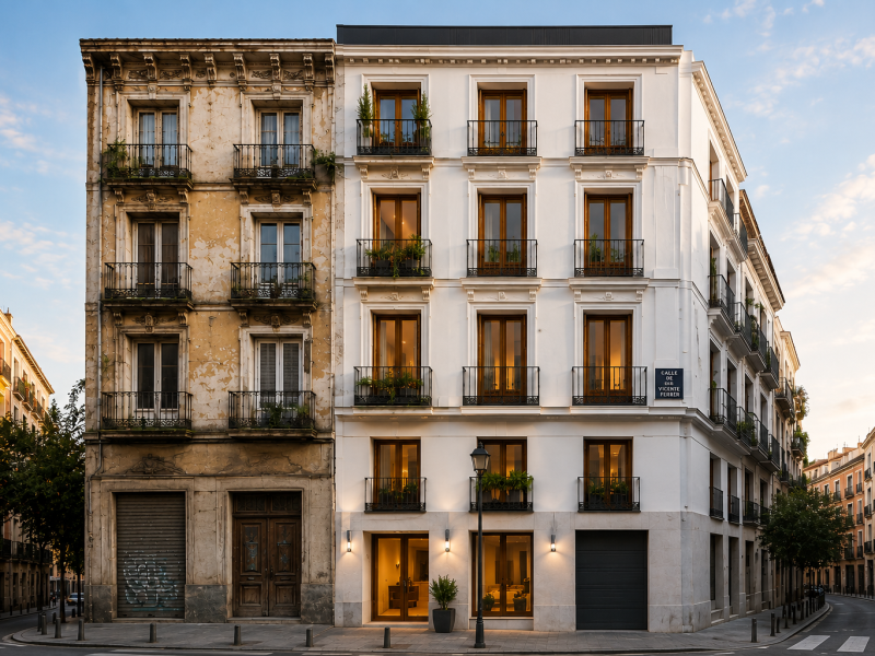 Vista frontal de dos fachadas en la calle Vicente Ferrer. La fachada de la izquierda corresponde a un edificio antiguo y la de la derecha a un edificio rehabilitado. (IA)